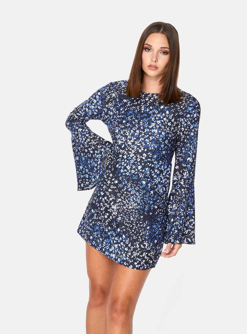 HeyYou Dresses Blue Floral Bell Sleeved Mini Dress 3 HeyYou Dresses Blue Floral Bell Sleeved Mini Dress