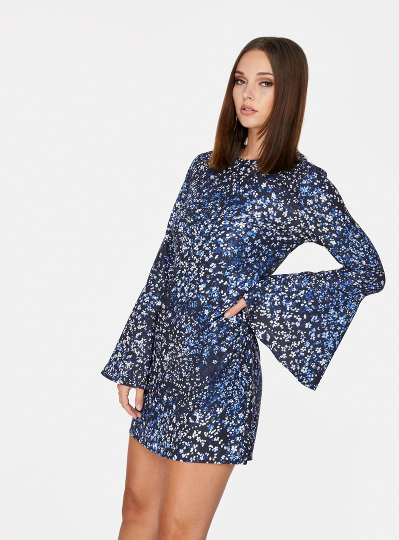 HeyYou Dresses Blue Floral Bell Sleeved Mini Dress 4 HeyYou Dresses Blue Floral Bell Sleeved Mini Dress