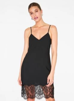 HeyYou Dresses Black Lace Hem Slip Dress
