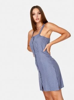 HeyYou Mini Button Up Dress In Blue Checkered Dresses