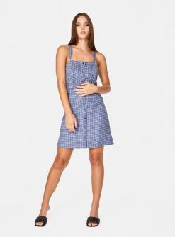 HeyYou Mini Button Up Dress In Blue Checkered Dresses