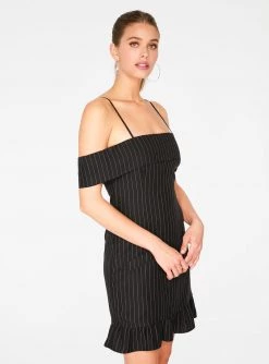 HeyYou Dresses Striped Off The Shoulder Dress In Black