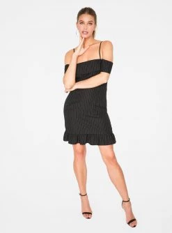 HeyYou Dresses Striped Off The Shoulder Dress In Black