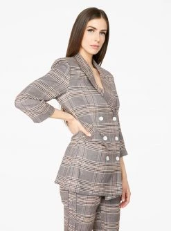 HeyYou Brown Double Breasted Plaid Blazer Blazers