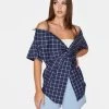 HeyYou Twist Front Off The Shoulder Top In Navy Checkered