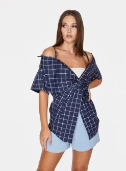 HeyYou Twist Front Off The Shoulder Top In Navy Checkered
