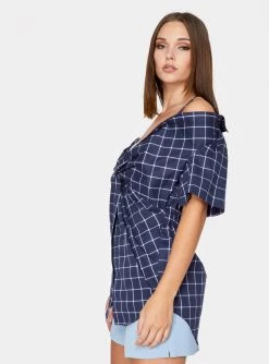 HeyYou Twist Front Off The Shoulder Top In Navy Checkered