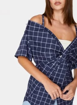 HeyYou Twist Front Off The Shoulder Top In Navy Checkered