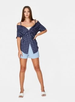 HeyYou Twist Front Off The Shoulder Top In Navy Checkered