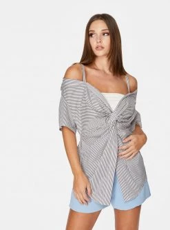 HeyYou Blouses Twist Front Off The Shoulder Top In Stripes