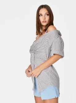 HeyYou Blouses Twist Front Off The Shoulder Top In Stripes