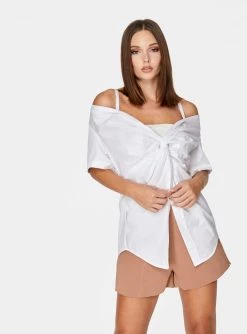 HeyYou Twist Front Off The Shoulder Top In White Blouses