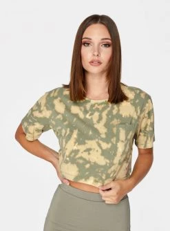HeyYou Cropped Pocket Tee In Olive Tie Dye Crop Tops