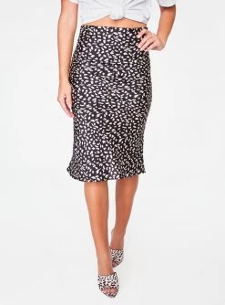 HeyYou Black Leopard Satin Slip Midi Skirt Skirts