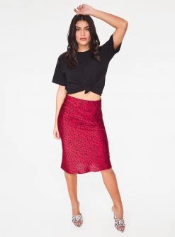 HeyYou Skirts Red Leopard Satin Slip Midi Skirt