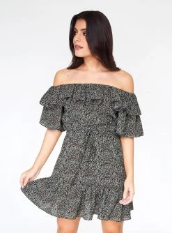 HeyYou Black Floral Off The Shoulder Ruffle Dress