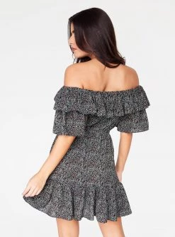 HeyYou Black Floral Off The Shoulder Ruffle Dress