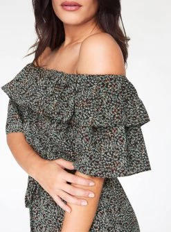 HeyYou Black Floral Off The Shoulder Ruffle Dress