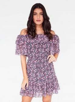 HeyYou Dresses Pink Floral Off The Shoulder Ruffle Dress