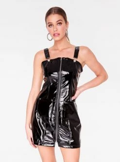 HeyYou Black Faux Leather Overall Dress Dresses