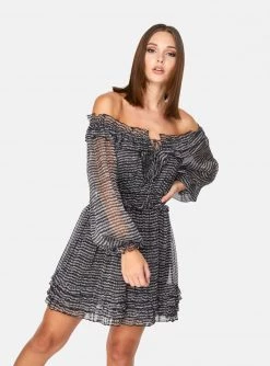 HeyYou Black And White Long Sleeve Off The Shoulder Ruffle Dress Dresses