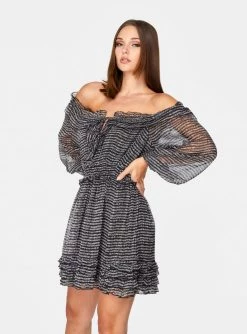 HeyYou Black And White Long Sleeve Off The Shoulder Ruffle Dress Dresses