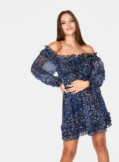 HeyYou Nightsky Floral Long Sleeve Off The Shoulder Ruffle Dress