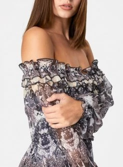 HeyYou Dresses Snake Print Long Sleeve Off The Shoulder Ruffle Dress