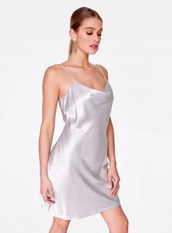 HeyYou Silver Cowl Neck Satin Slip Dress Dresses