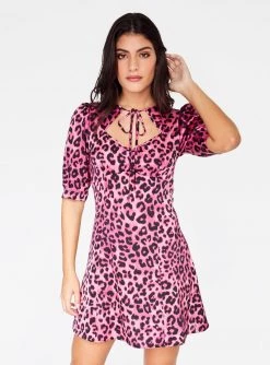 HeyYou Tie Neck Mini Dress In Pink Cheetah