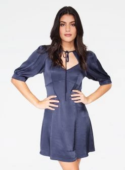 HeyYou Dresses Tie Neck Mini Dress In Navy