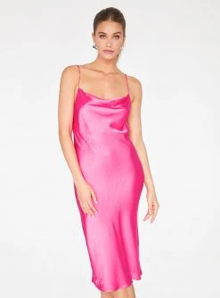 HeyYou Hot Pink Cowl Neck Satin Slip Midi Dress Dresses
