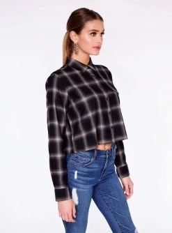 HeyYou Long Sleeve Grey Cropped Button Up Flannel Shirt