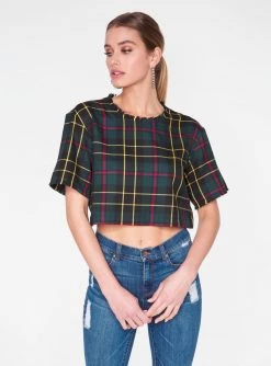HeyYou Blouses Green Plaid Cropped Top