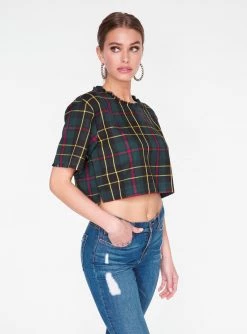 HeyYou Blouses Green Plaid Cropped Top