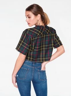 HeyYou Blouses Green Plaid Cropped Top