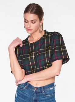 HeyYou Blouses Green Plaid Cropped Top