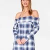 HeyYou Blue Off The Shoulder Flannel Dress
