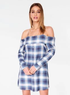 HeyYou Blue Off The Shoulder Flannel Dress