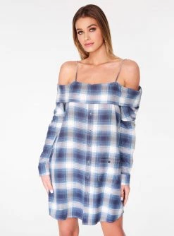 HeyYou Blue Off The Shoulder Flannel Dress