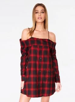 HeyYou Red Off The Shoulder Flannel Dress