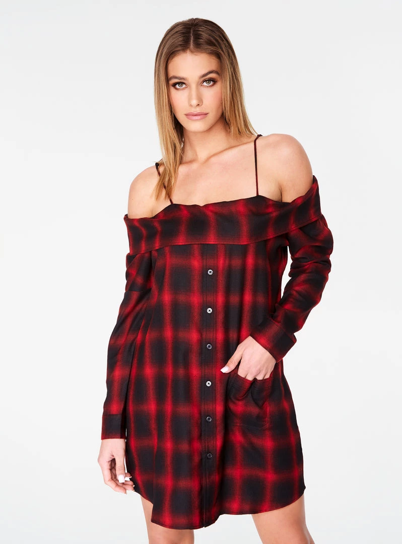 HeyYou Red Off The Shoulder Flannel Dress 3 HeyYou Red Off The Shoulder Flannel Dress