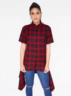 HeyYou Shirts Red Short Sleeve Button Up Flannel Top