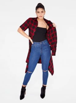 HeyYou Shirts Red Short Sleeve Button Up Flannel Top