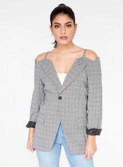 HeyYou Plaid Cold Shoulder Blazer Blazers