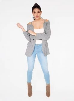 HeyYou Plaid Cold Shoulder Blazer Blazers