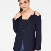 HeyYou Pinstriped Cold Shoulder Blazer Blazers