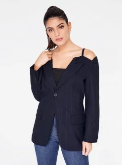 HeyYou Pinstriped Cold Shoulder Blazer Blazers