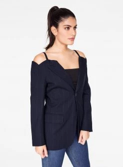 HeyYou Pinstriped Cold Shoulder Blazer Blazers