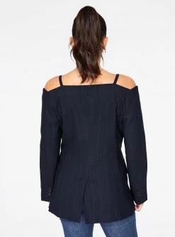 HeyYou Pinstriped Cold Shoulder Blazer Blazers